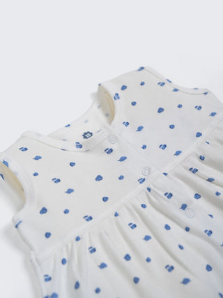 Baby Girls White & Blue Printed Cotton Frock - Kidulan