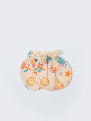 Newborn Cap, Mittens & Booties Set – Cream Print - Kidulan