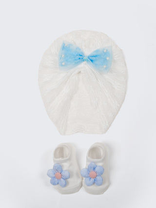 Baby Turban Cap & Booties Set - White With Blue - Kidulan