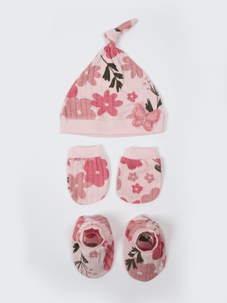 Newborn Cap, Mittens & Booties Set – Floral Print - Kidulan