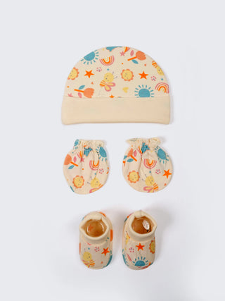 Newborn Cap, Mittens & Booties Set – Cream Print - Kidulan