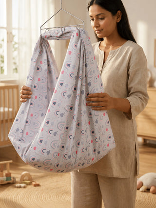 Rainbow & Cloud Print Grey Baby Cloth Cradle - Thottil/Jhula - Kidulan