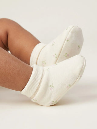 Baby Cotton Booties Soft Cream Floral Print - 0-3 Months - Kidulan