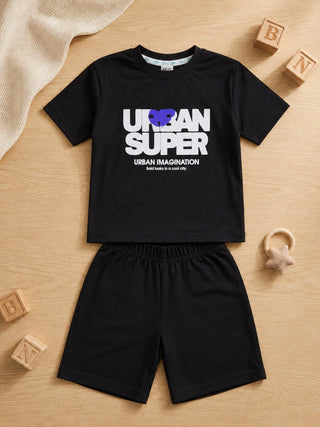 Boys Black Graphic Printed T-Shirt & Shorts Co-ord Set - Kidulan