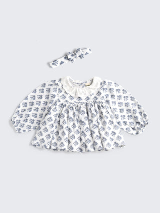 Vintage Floral Frock with Lace Collar & Bow Headband - Kidulan