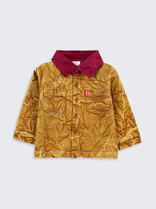 Boys Crinkled Golden Shirt with Red Corduroy Collar - Kidulan