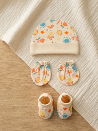 Newborn Cap, Mittens & Booties Set – Cream Print - Kidulan