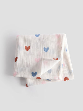 Heart Print Organic Cottton Muslin Swaddle Blanket - Kidulan