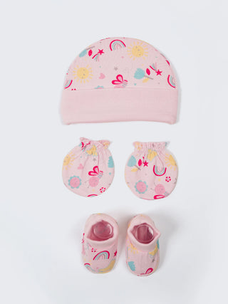 Newborn Cap, Mittens & Booties Set – Pink Print - Kidulan
