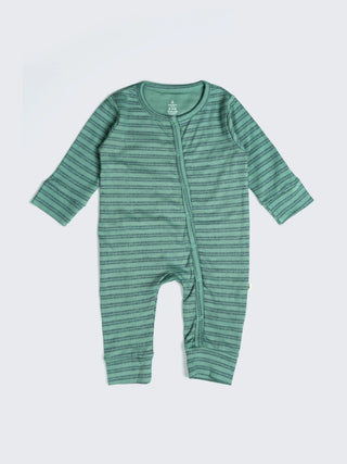Green Striped Full Sleeves Unisex Baby Sleepsuit - Kidulan