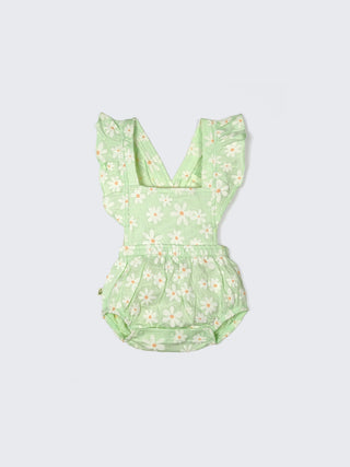 Daisy Bloom Frill Strap Baby Girl Romper – Soft Green - Kidulan