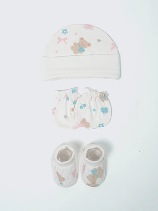 Newborn Cap, Mittens & Booties Set – White Print - Kidulan