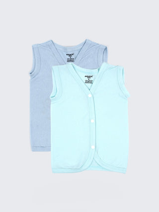 Baby Cotton Jabla Set – Solid Pastel Blue Sleeveless Front Open Baby Vest Combo (2 Pieces) - Kidulan
