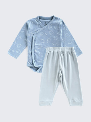 Blue Elephant Print - Kimono Style Unisex Bodysuit & Pant - Kidulan