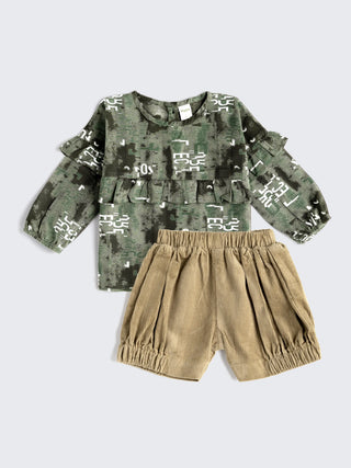 Olive color Top & Corduroy Shorts Set - Kidulan