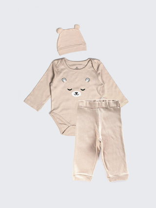 Baby Bear Face 3 - Piece Clothing Set - Bodysuit, Pant & Cap - Kidulan