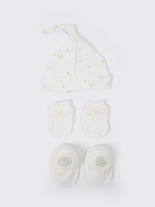 Baby Cap, Mittens & Booties Set – Gold Heart Print - Kidulan