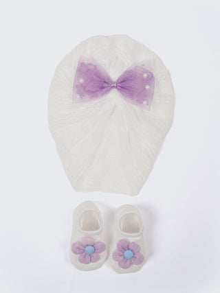 Baby Turban Cap & Booties Set - Cream With Lavender - Kidulan