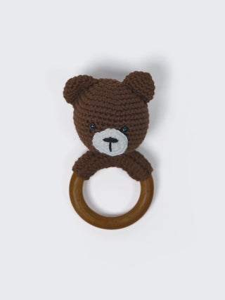 Crochet Bear Wooden Ring Rattle-Brown - Kidulan