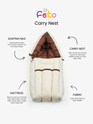 Baby Carry Nest – Quilted Beige & Brown Newborn Sleeping Bag with Extra Cushion - Kidulan