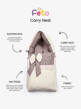 Baby Carry Nest – Quilted Beige & Mocha Soft Newborn Sleeping Bag with Bow Detail - Kidulan