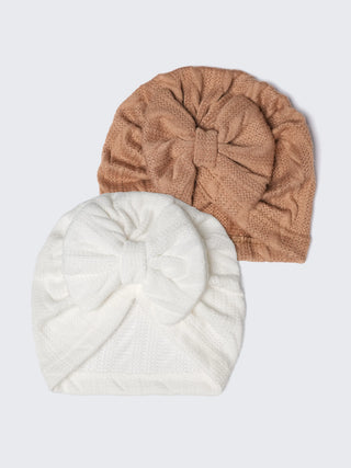 Knit Bow Turban Caps for Babies – Set of 2 (Neutral Shades) - Kidulan