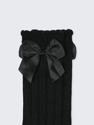 Baby Girl Knee - High Ribbed Socks with Bow – Black - Kidulan