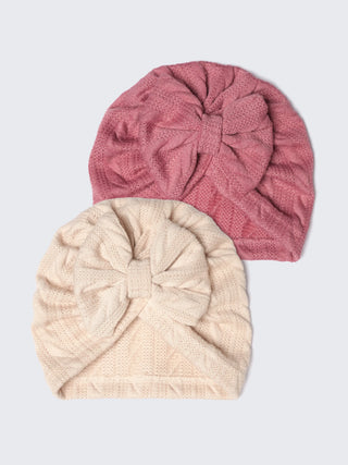 Soft Knit Turban Cap for Babies – Pink & Cream (2 - Piece Set) - Kidulan
