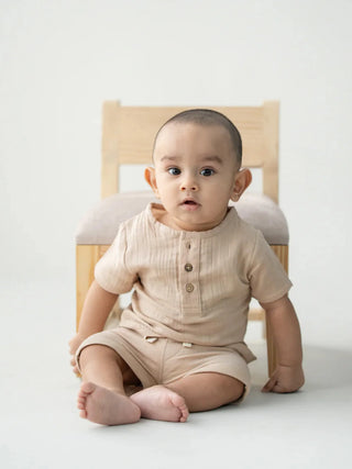 Organic Cotton Muslin Co - ord Set – Sand Beige - Kidulan