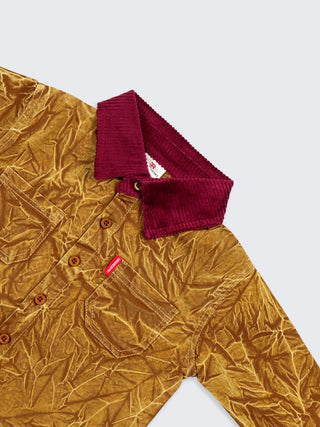 Boys Crinkled Golden Shirt with Red Corduroy Collar - Kidulan