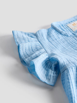 Baby Girl Organic Cotton Muslin Frill Top – Sky Blue - Kidulan