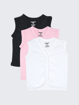 Baby Cotton Sleeveless Jabla Vest Set – Solid White, Pink & Black Newborn Front Open Jabla Combo (3 Pieces) - Kidulan