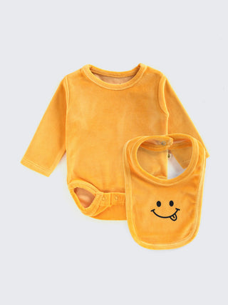 Solid Yellow Unisex Bodysuit with Smiley Bib Set - Kidulan