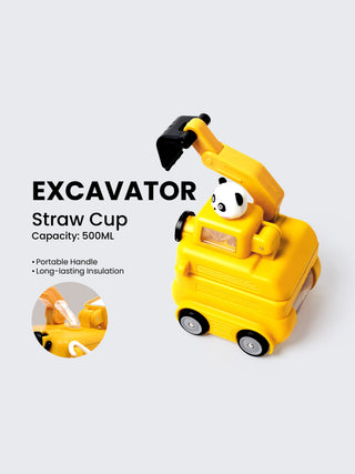 Kids Excavator Straw Cup 500ml – Insulated Construction Truck Water Bottle with Straw & Carry Strap - Kidulan