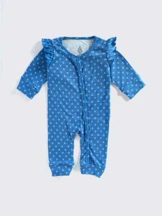 Blue Printed Baby Girl Sleepsuit with Frill Sleeves - Kidulan