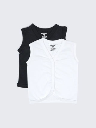 Baby Cotton Sleeveless Jabla Set – Solid White & Black Front Open Baby Vest Combo (2 Pieces) - Kidulan