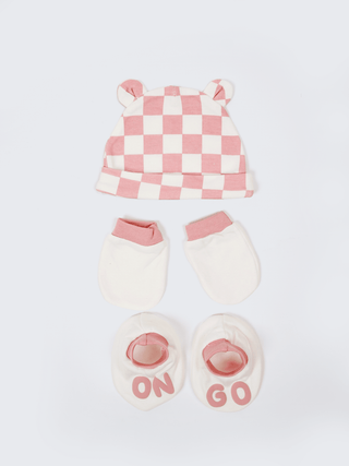 Newborn Cap, Mittens & Booties Set – Pink Checker - Kidulan