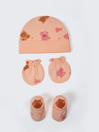 Newborn Cap, Mittens & Booties Set – Peach Print - Kidulan