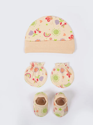 Newborn Cap, Mittens & Booties Set – Beige Print - Kidulan