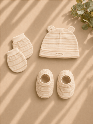 Baby Cap, Mittens & Booties Set – Beige Stripe - Kidulan