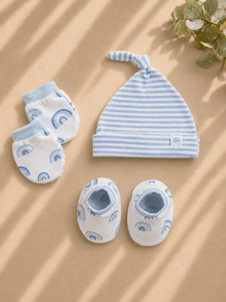 Newborn Cotton Cap, Mittens & Booties Set – Blue Rainbow - Kidulan