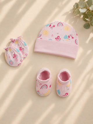 Newborn Cap, Mittens & Booties Set – Pink Print - Kidulan