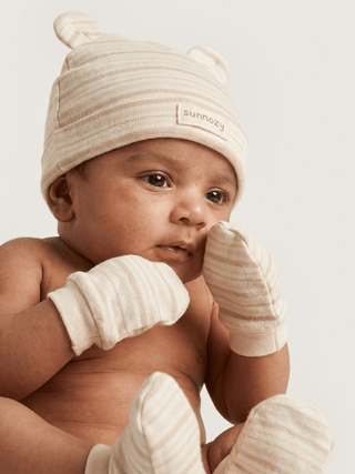 Baby Cap, Mittens & Booties Set – Beige Stripe - Kidulan