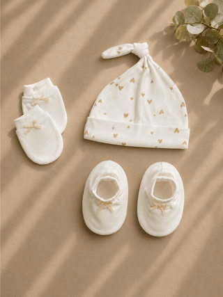 Baby Cap, Mittens & Booties Set – Gold Heart Print - Kidulan