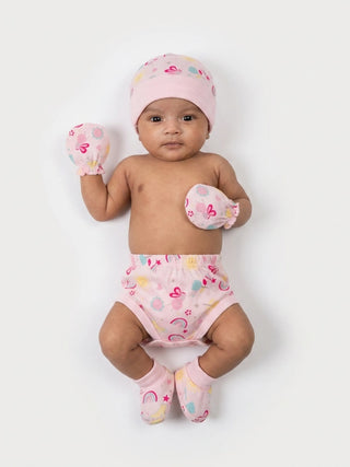 Newborn Cap, Mittens & Booties Set – Pink Print - Kidulan