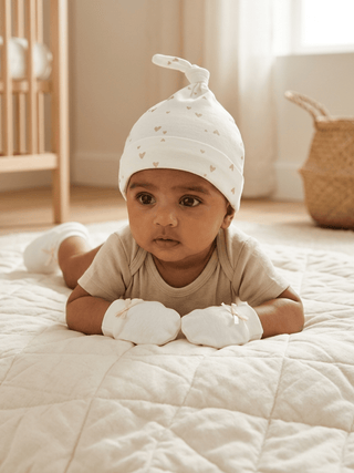 Baby Cap, Mittens & Booties Set – Gold Heart Print - Kidulan