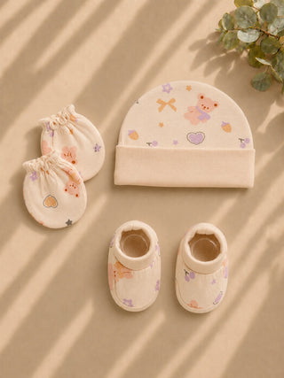 Newborn Cap, Mittens & Booties Set – Bear Print - Kidulan