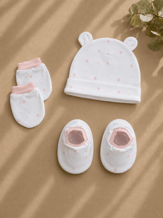 Baby Cap, Mittens & Booties Set – Pink Star Print - Kidulan
