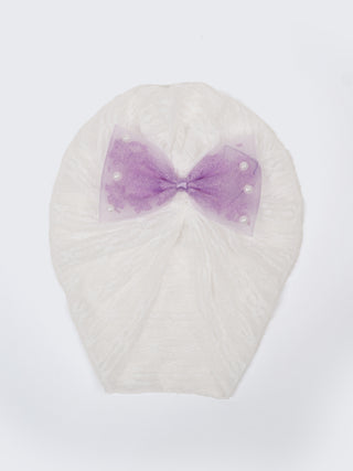 Baby Turban Cap & Booties Set - Cream With Lavender - Kidulan