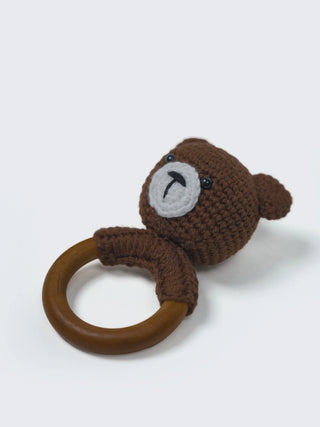 Crochet Bear Wooden Ring Rattle-Brown - Kidulan